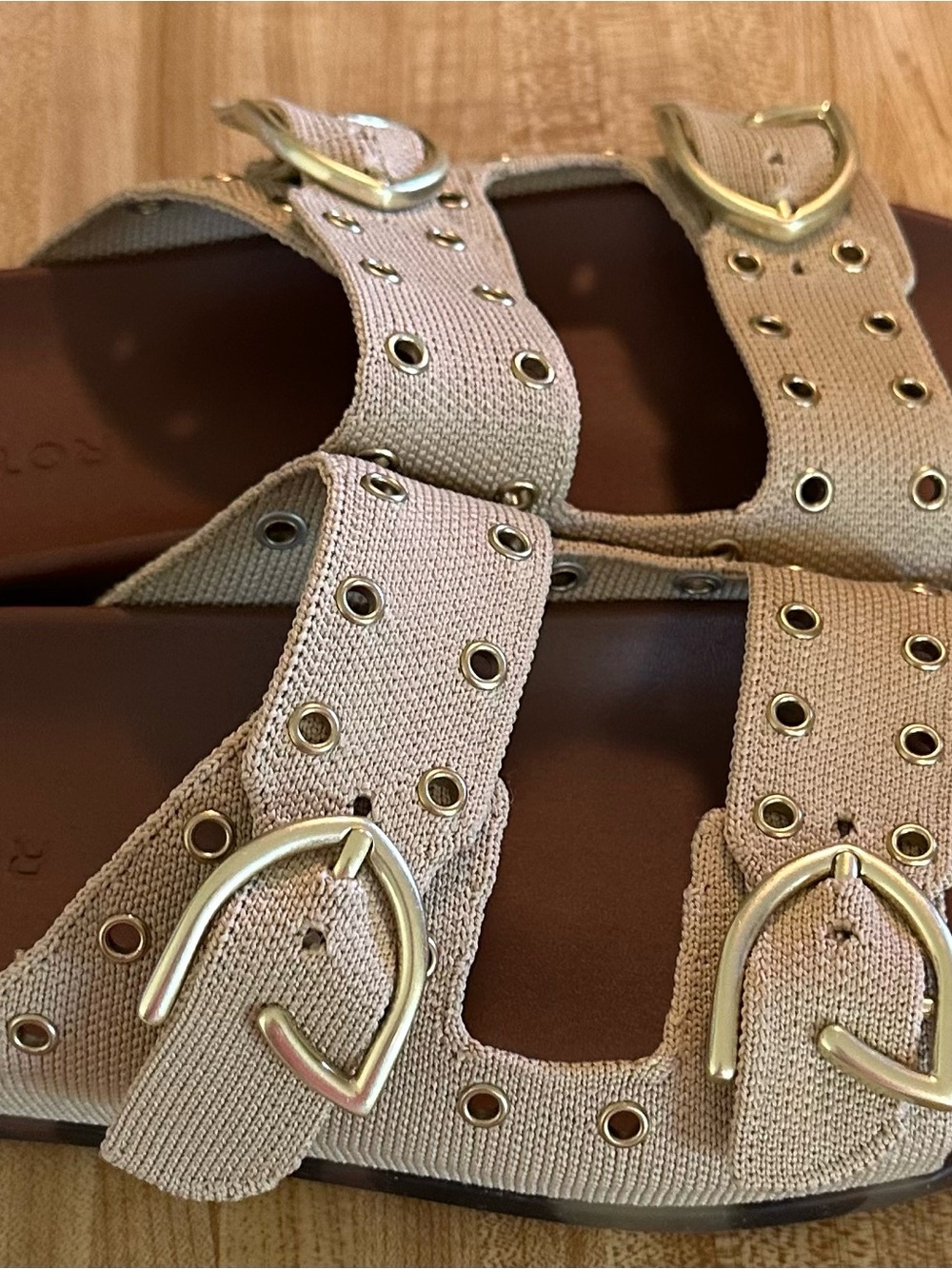 Rothy's Tan Canvas Double-Strap Slide Sandals with Gold Buckles - Picture 3 of 8